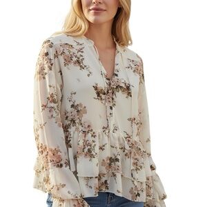 Divided Ivory Floral Peplum Blouse Boho Sheer Floral Size XXS